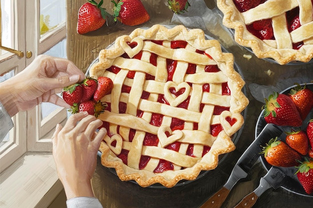 Fare una torta di fragole da zero con un reticolo di crosta fatto in casa e un ripieno dolce decorato con cuori