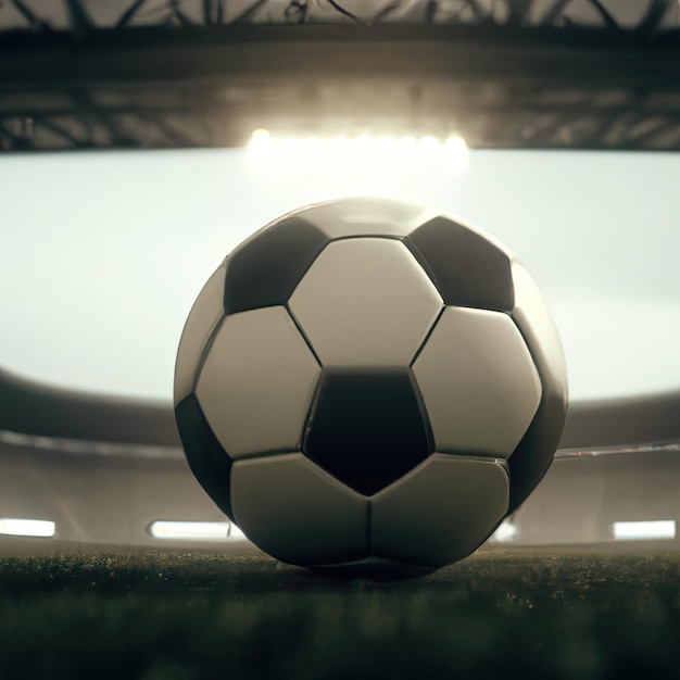 Faretti che illuminano lo stadio di calcio e la palla al centro dell'illustrazione 3D