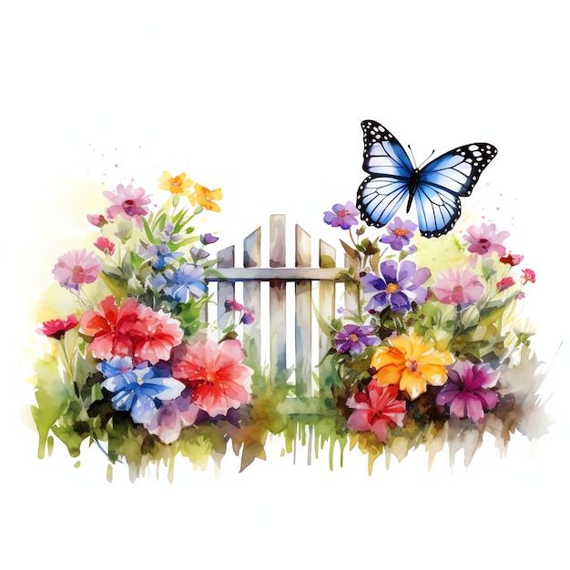 farfalla ad acquerello sulla recinzione del giardino con fiori illustrazione clipart floreale primaverile