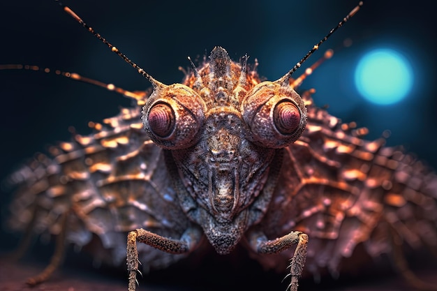 Farfalla aliena dallo spazio esterno guardando la telecamera Immagine macro di un simpatico insetto alieno IA generativa