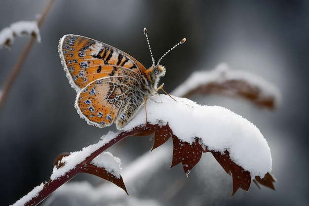 Farfalla appoggiata sul ramo circondata dalla neve
