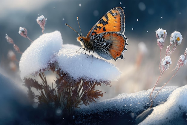 Farfalla appollaiata su un fiore innevato con vista sul paesaggio gelido