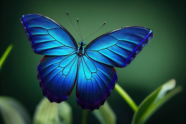Farfalla blu machaon sul fiore dell'iride su sfondo verde sfocato