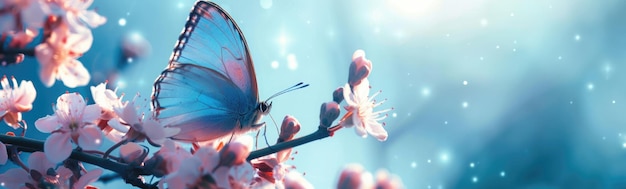 farfalla blu seduta su fiori di primavera su un banner di sfondo blu con spazio di copia