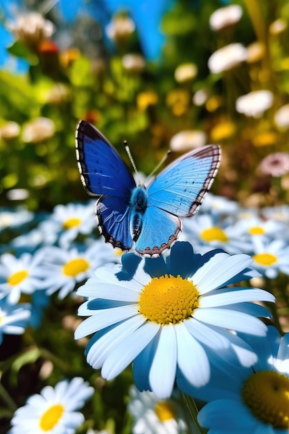 Farfalla blu sul fiore margherita da vicino in una luminosa giornata di sole in natura