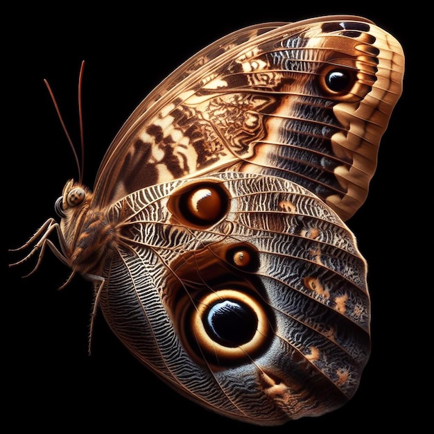 Farfalla Caligo eurilochus isolata su sfondo nero Insetti in natura generati dall'AI