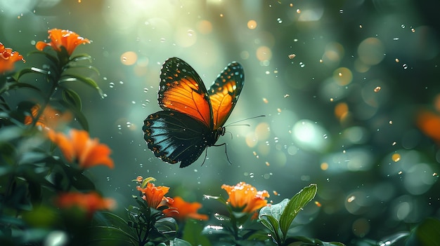 farfalla che vola sopra il giardino di fiori