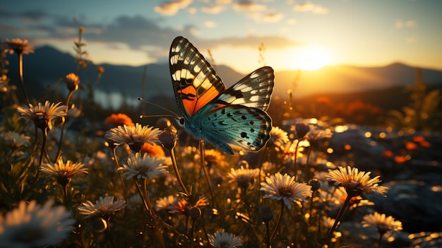 farfalla che vola sul fiore visto dall'alba