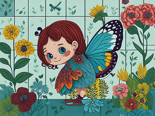 Farfalla colorata del fumetto nel giardino Bambini che inseguono