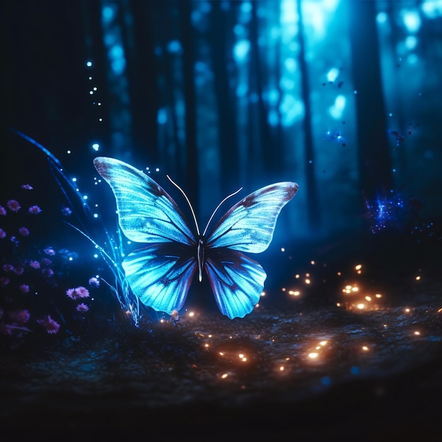 Farfalla colorata in una foresta buia ai generato