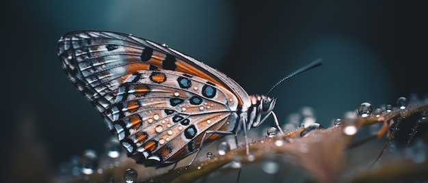 Farfalla con gocce di rugiada chiudi IA generativa