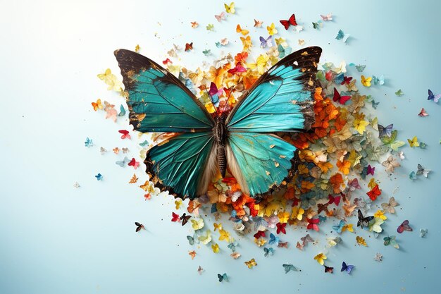 Farfalla costituita da spazzatura domestica su sfondo blu tema dell'ecologia