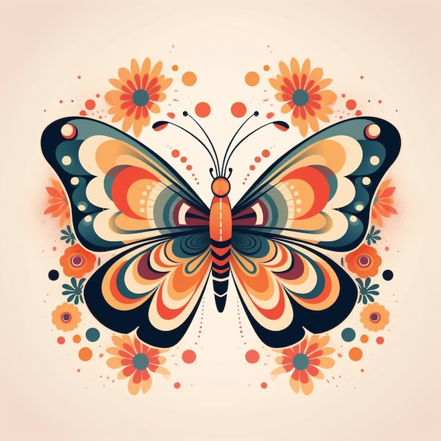 Farfalla dai colori vivaci con fiori e puntini su uno sfondo chiaro generativo ai