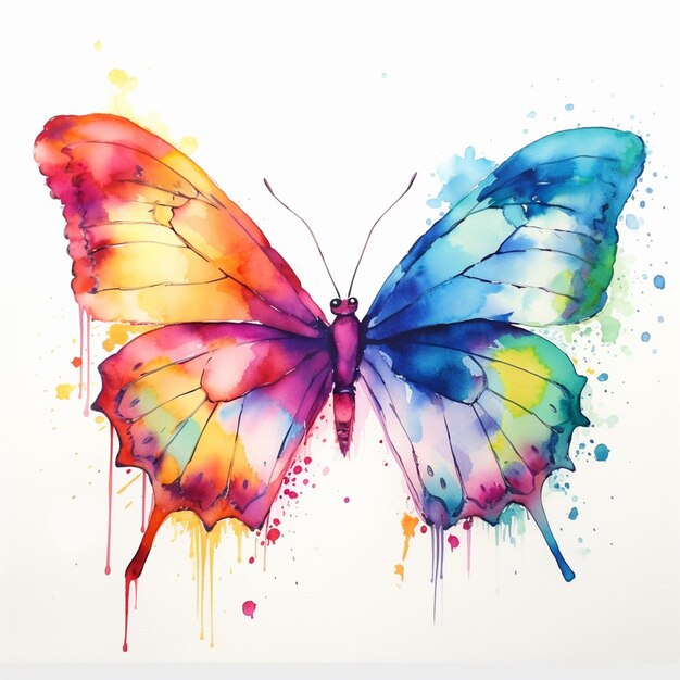 farfalla dai colori vivaci con schizzi di acquerello su sfondo bianco ai generativa