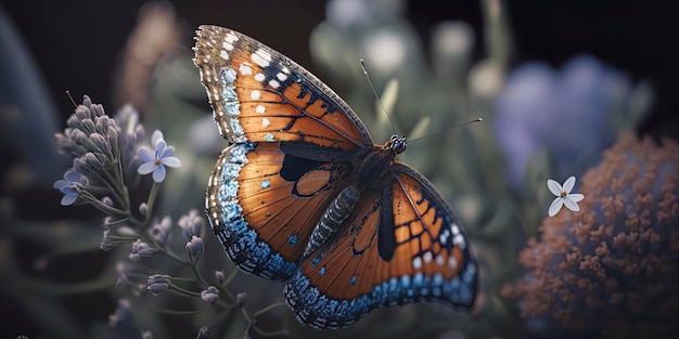 Farfalla del viceré su fiori blu Generato dall'intelligenza artificiale
