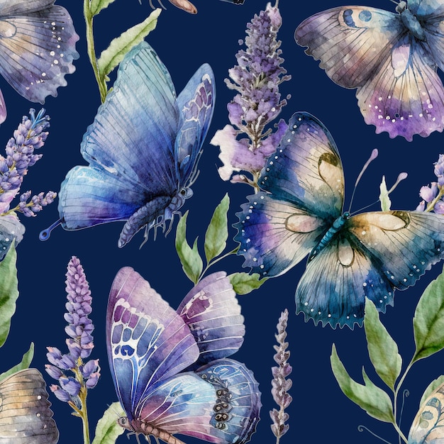 Farfalla dell'acquerello e fiori di lavanda pittura elegante fondo senza cuciture