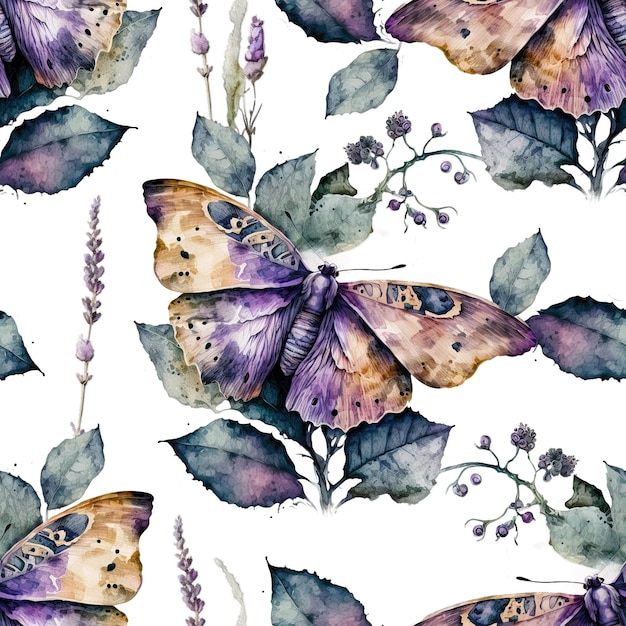 Farfalla dell'acquerello e fiori di lavanda pittura elegante fondo senza cuciture