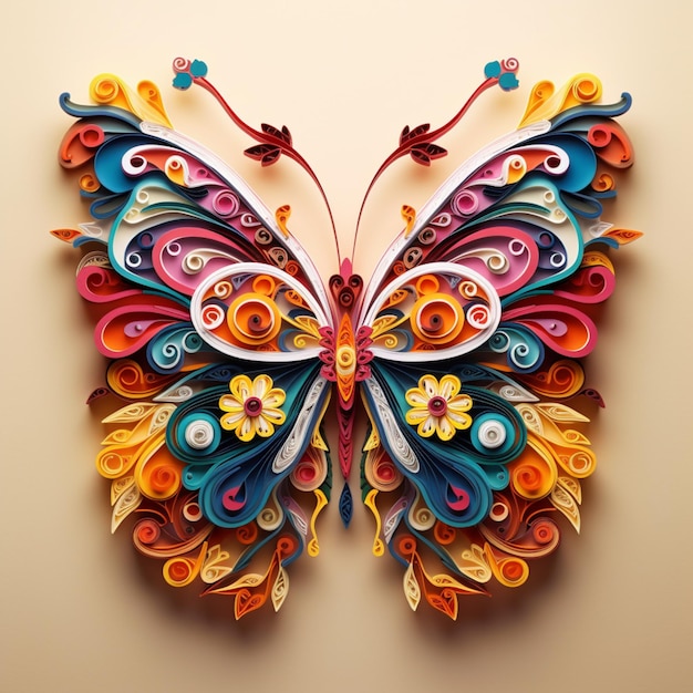 Farfalla di carta dai colori vivaci con ali e fiori colorati su uno sfondo beige