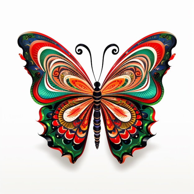 farfalla di colori vivaci con ali vorticose su sfondo bianco generativo ai