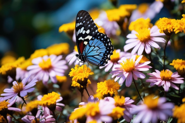 farfalla e fiori estivi brillanti su uno sfondo di fogliame blu