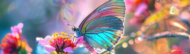 Farfalla iridescente su un fiore di rugiada leggera luce mattutina