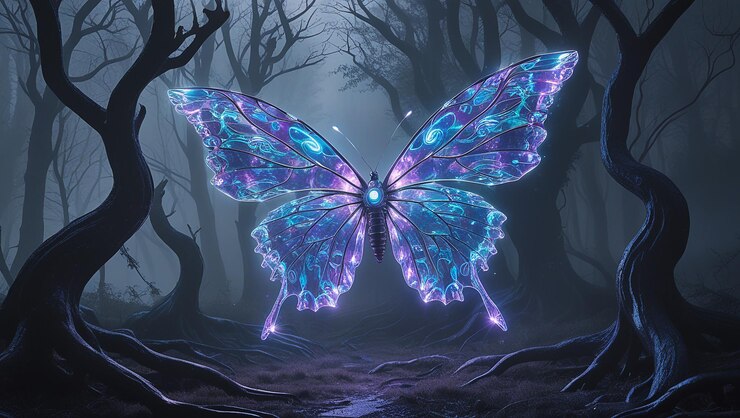 Farfalla luminosa nella foresta buia