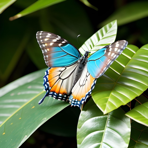 Farfalla monarca blu appollaiata su una foglia su una pianta nel suo habitat naturale