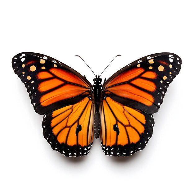 Farfalla monarca con ali arancione brillante e nere in alto su sfondo bianco Tiro con vista dall'alto di bellezza