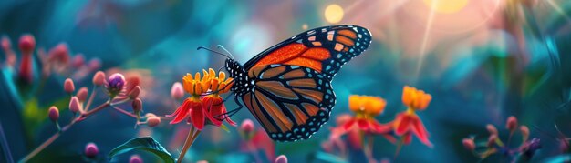 Farfalla monarca in fiore con la luce macchiata