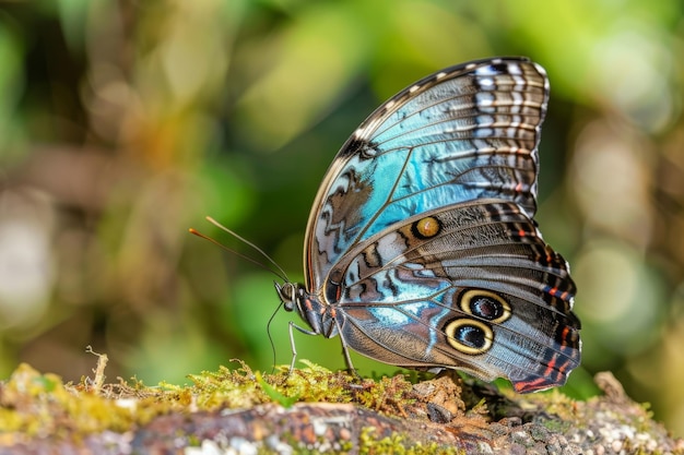Farfalla morpho blu Morpho peleides su una foglia di pianta tropicale Immagine scattata in Costa Rica