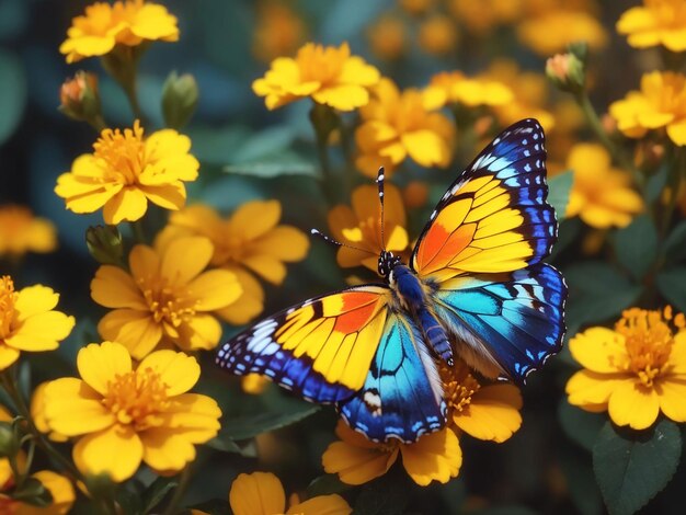 Farfalla multicolore su fiore giallo in primo piano bellezza generativa ai