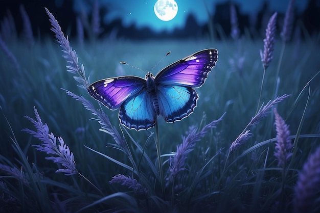 Farfalla nell'erba su un prato di notte alla luce luminosa della luna sulla natura in toni blu e viola macro favolosa immagine artistica magica di uno spazio di copia da sogno