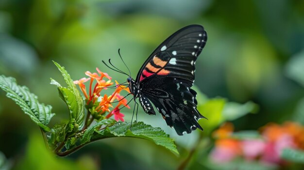 Farfalla nera e rossa sul fiore