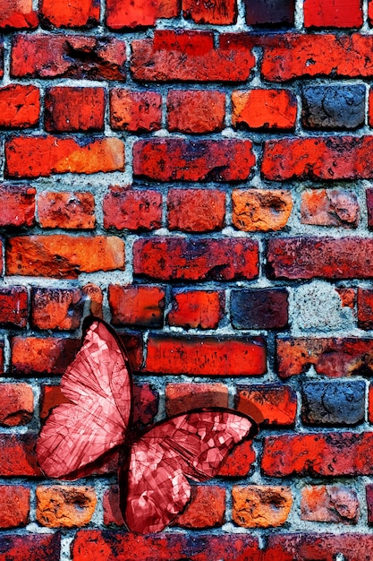 Farfalla rossa su un muro di mattoni. Una cartolina con una falena. cornice verticale. copertina per il quaderno. Foto di alta qualità