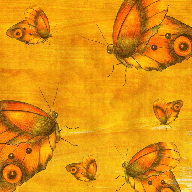 Farfalla su carta digitale sfondo acquerello arancione con insetto di falena farfalla disegnata a mano