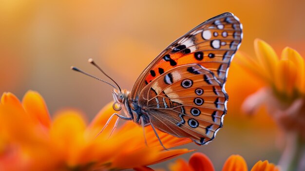 Farfalla su una margherita arancione alla luce del sole