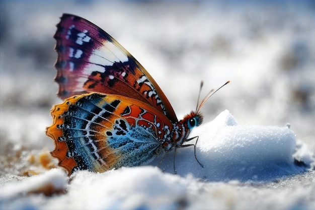 Farfalla svolazzante contro la neve bianca, i suoi colori vibranti risplendono