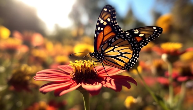 Farfalla vibrante su fiore giallo nel prato generato dall'intelligenza artificiale