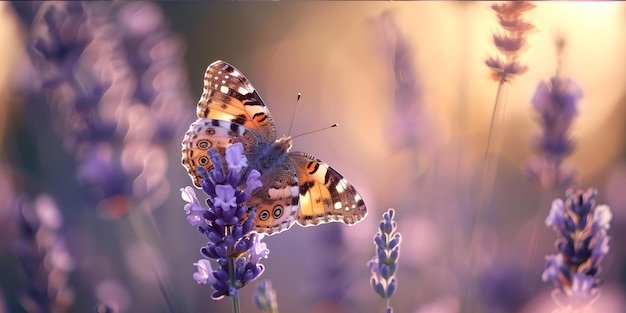 Farfalla vibrante sul campo di lavanda all'ora dorata natura serenità catturata perfetta per i temi calmanti AI