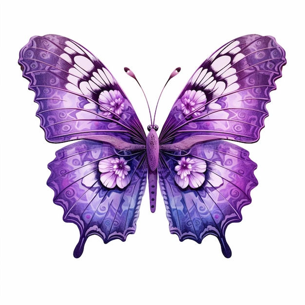 Farfalla viola con ali bianche e viola su sfondo bianco ai generativa