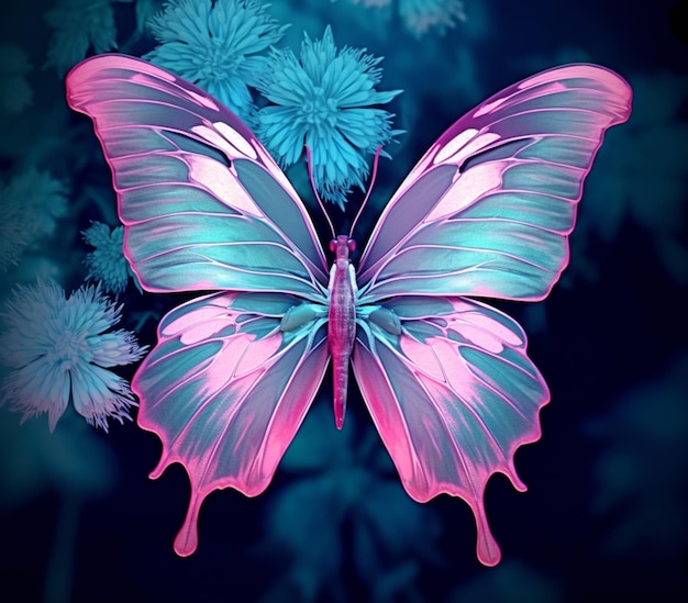 farfalla viola con ali blu e ali rosa su un fiore generativo ai