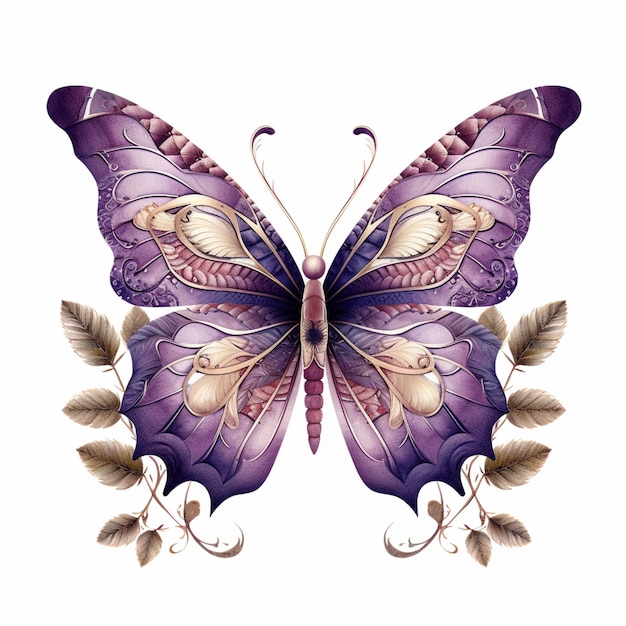 Farfalla viola con ali d'oro e foglie su sfondo bianco ai generativa