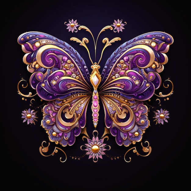 farfalla viola e oro con perle e fiori su sfondo nero ai generativa