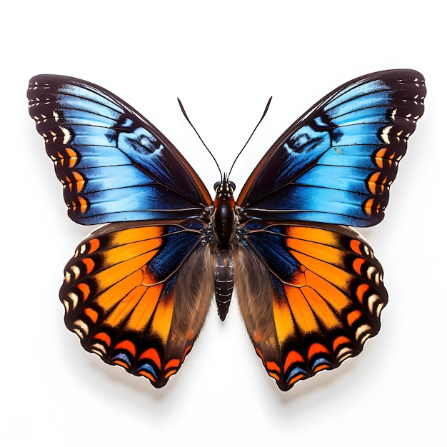 Farfalla viola RedSpotted che mostra il suo Wi blu su sfondo bianco Tiro con vista dall'alto di bellezza