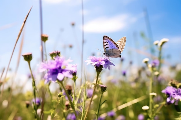 Farfalla viola su fiori violetti bianchi selvatici nell'erba AI generativa