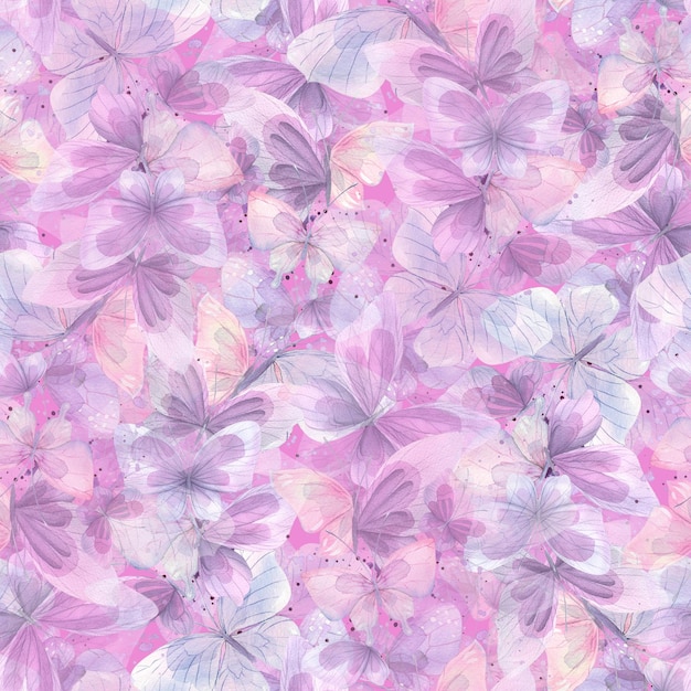 Farfalle blu rosa lilla Illustrazione ad acquerello Modello senza cuciture su sfondo bianco della collezione CATS AND BUTTERFLIES Per tessuto tessile carta da parati confezione carta da imballaggio decorazione