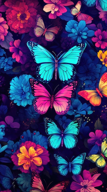 Farfalle colorate che svolazzano attorno a uno sfondo di un giardino fiorito per il telefono