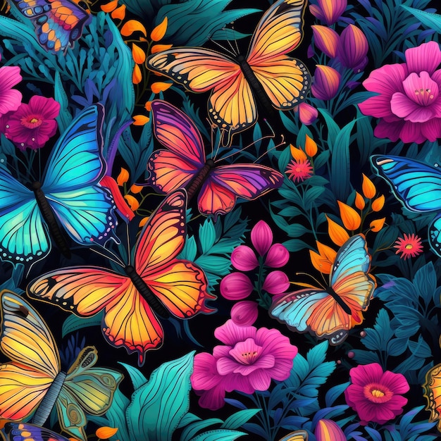 Farfalle colorate che svolazzano in un giardino di fiori