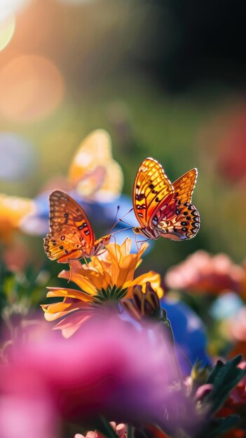 Farfalle con motivi intricati su fiori vivaci sfondo naturale