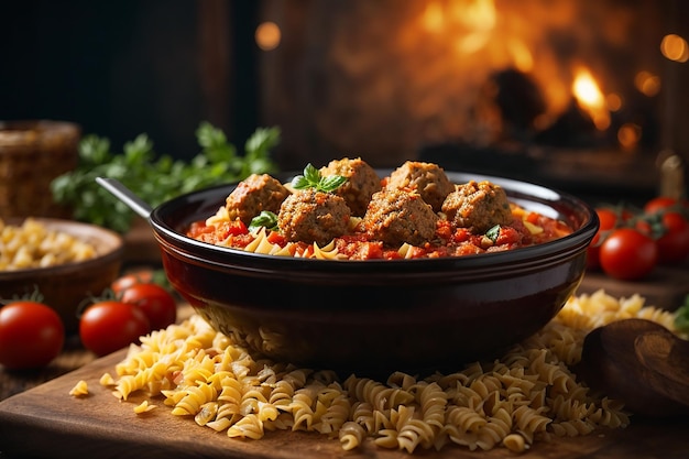 farfalle di semola di grano duro con polpette di filetto di pollo al forno in salsa di pomodoro e